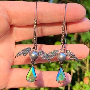 BETSEY JOHNSON Glitter Bats EARRINGS! Ear Wires Crystals Faux Pearl Gunmetal NWT